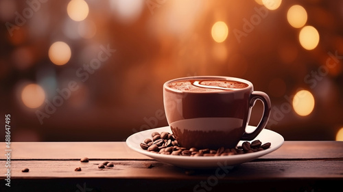 Cup with cocoa and coffee beans