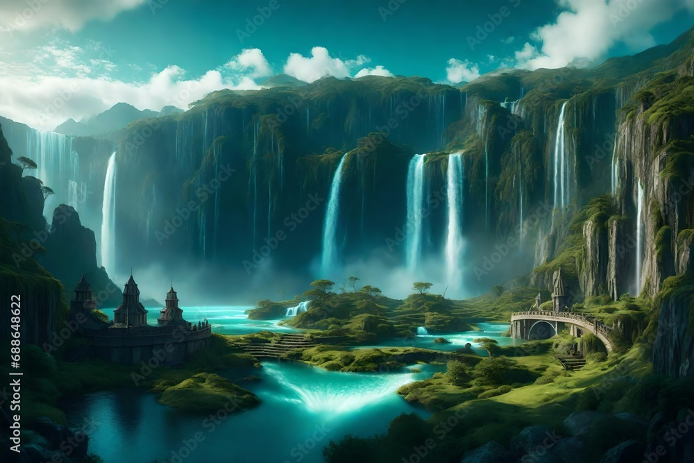 **fantasy landscape with waterfalls, panorama. generative al-