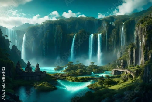   fantasy landscape with waterfalls  panorama. generative al-