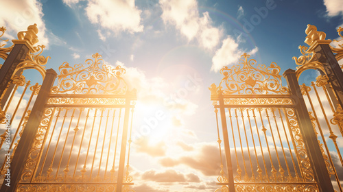 Golden Gates of heaven with sunshine in clouds. Stairway to heaven in glory, gates of Paradise, meeting God, symbol of Christianity. Gates of heaven coming out of the clouds, floating in the sky
