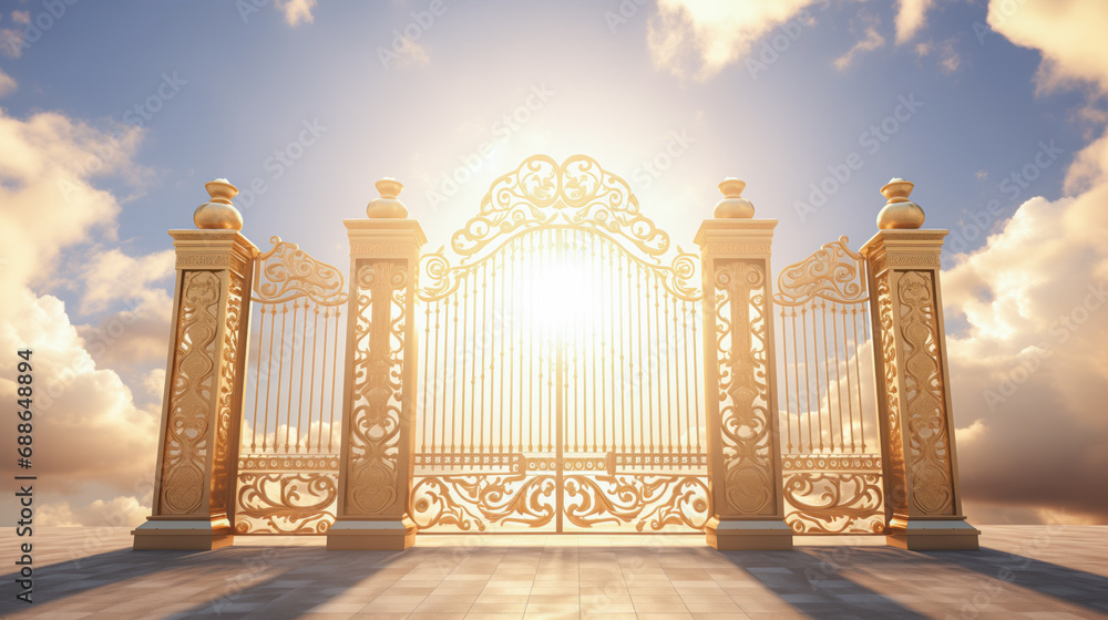 Golden Gates of heaven with sunshine in clouds. Way to Heaven in glory, gates of Paradise, meeting God, symbol of Christianity. Gates of heaven coming out of the clouds, floating in the sky - obrazy, fototapety, plakaty 