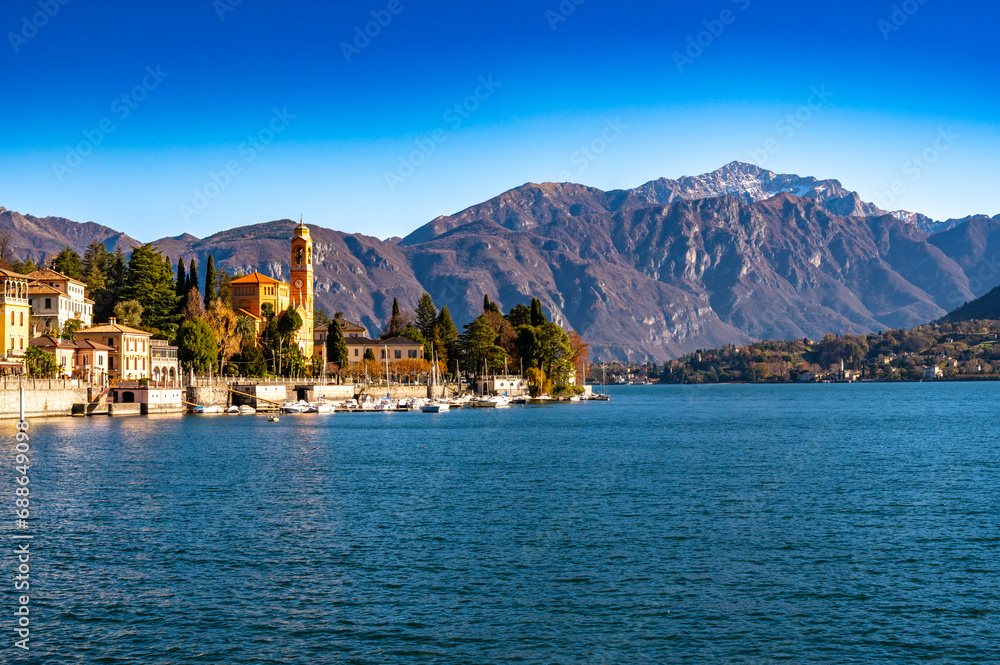 The town of Tremezzina, on Lake Como, photographed on an autumn day.