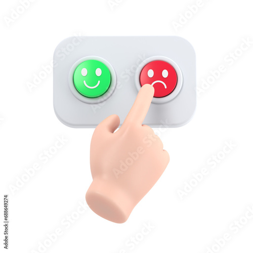 Disappointed customer cartoon hand presses the red button. Business or market clip art. Negative experience emotion 3d illustration.Supports PNG files with transparent backgrounds. 