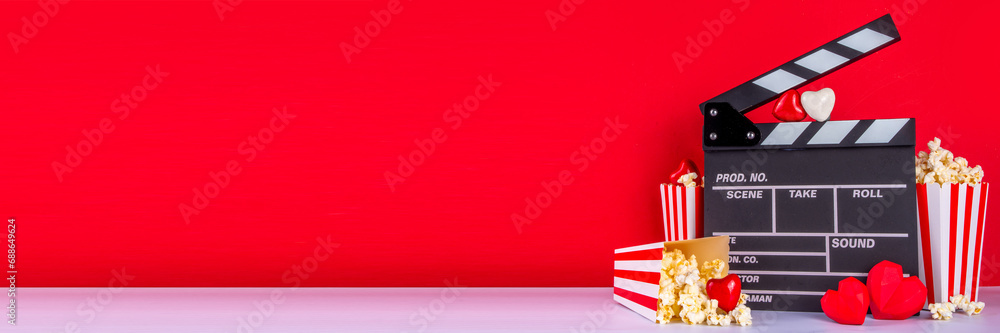 Romantic date on Valentine's Day February 14. Love movie marathon, date at cinema theater. Clapperboard, popcorn buckets, heart decor and chocolates on red background flat lay copy space - obrazy, fototapety, plakaty 