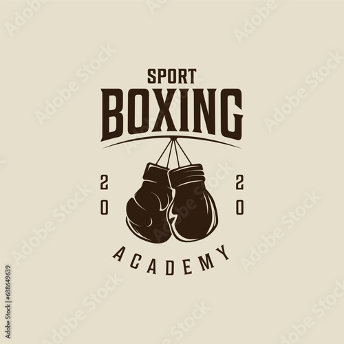 Boxing Gloves Hanging logo vector vintage illustration template icon graphic design. fight sport sign or symbol for academy or club for competition or shirt print with retro typography