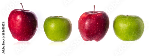 Whole and sliced apples on white background