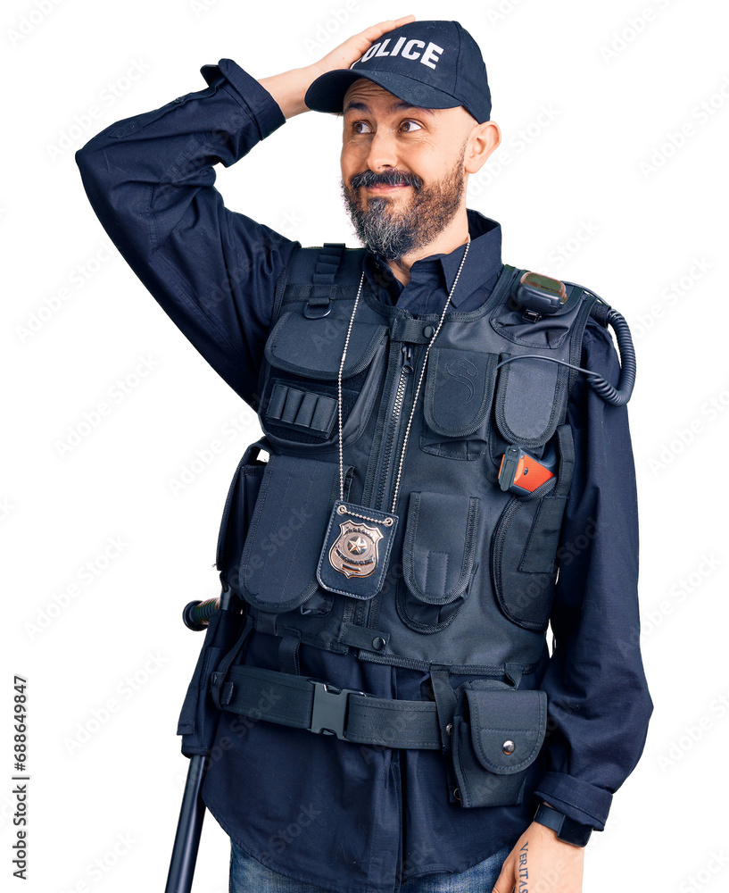 Young handsome man wearing police uniform smiling confident touching hair with hand up gesture, posing attractive and fashionable Young handsome man wearing police uniform smiling confident touching hair with hand up gesture, posing attractive and fashionable