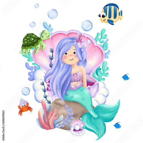 Vector watercolor illustration set of beautiful sea creature