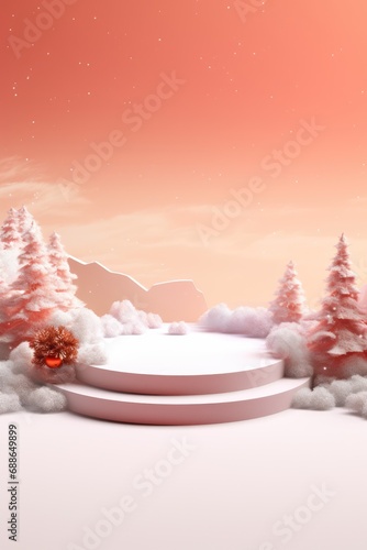 Merry Christmas banner with stage product display cylindrical shape and festive decoration for Christmas, snow background, promotion display, 3D rendering product display platform.