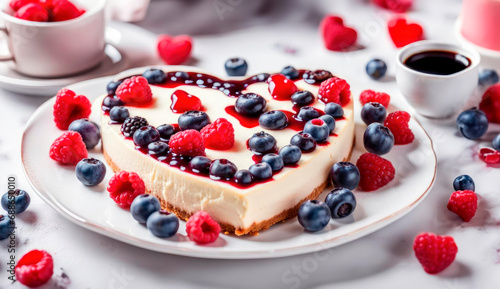 White cheesecake in the shape of a heart decorated with raspberries and blueberries. classic dessert for Valentine's Day, Mother's Day