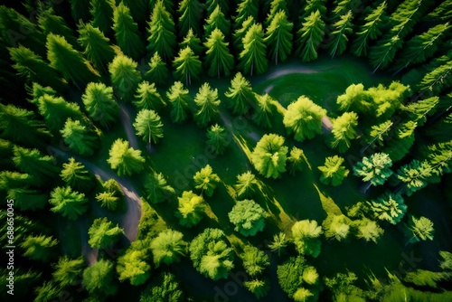 aerial top view of summer green trees in forest in rural finland-