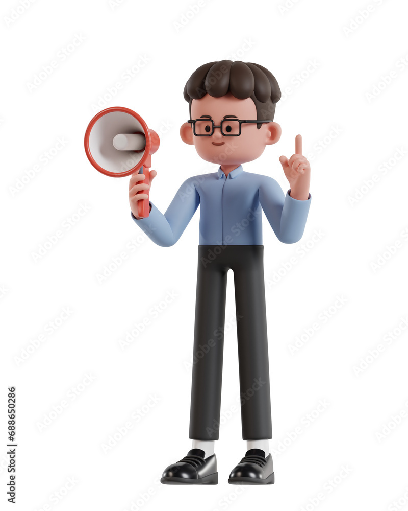3d Illustration of Cartoon curly haired businessman wearing glasses Holding a Megaphone while raising a finger 3d Illustration of Cartoon curly haired businessman wearing glasses Holding a Megaphone while raising a finger
