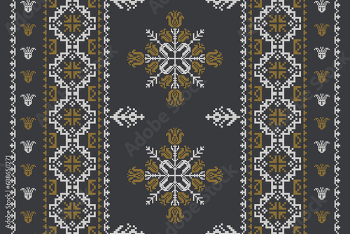 Abstract ethnic pixel border pattern flower. Aztec fabric boho mandalas India sari border design textile wallpaper. Tribal native motif African American saree borders Saree embroidery vector 