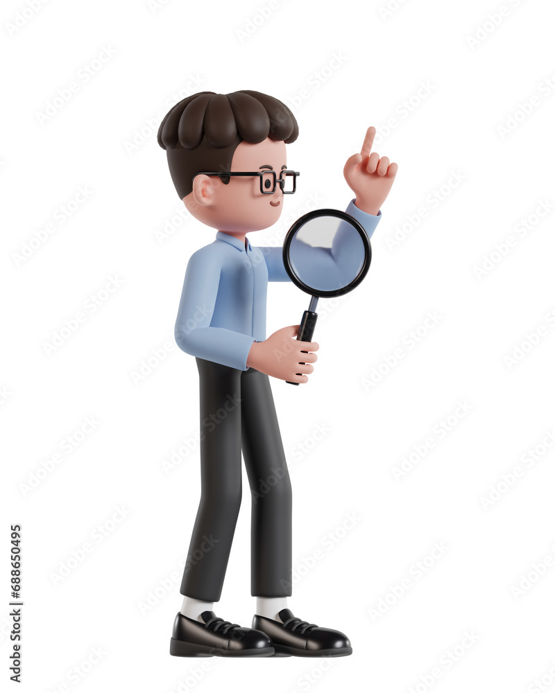 3d Illustration of Cartoon curly haired businessman wearing glasses holding a magnifying glass looking for business solutions 3d Illustration of Cartoon curly haired businessman wearing glasses holding a magnifying glass looking for business solutions