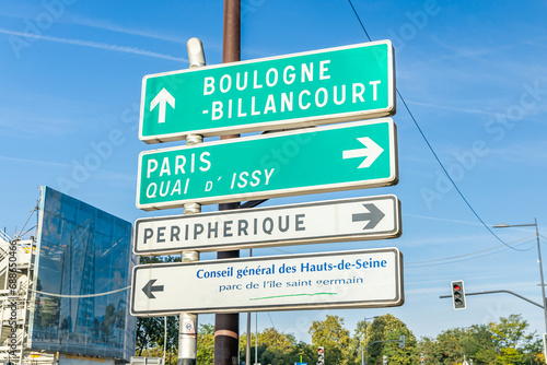 Boulogne-Billancourt, Paris, Peripherique and general council of Hauts-de-Seine road signs in France photo