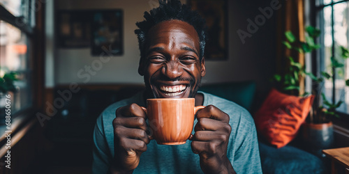Black man holding a coffee cup in his apartment 