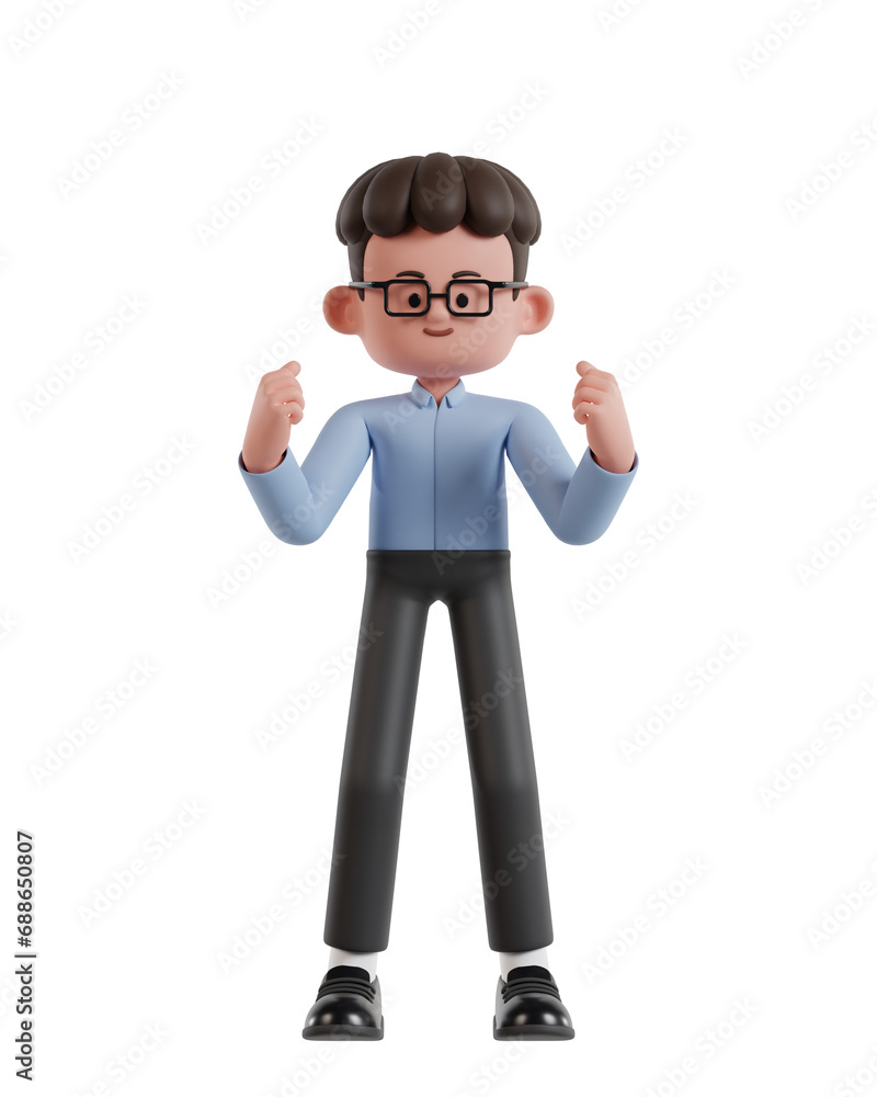 3d Illustration of Cartoon curly haired businessman wearing glasses Celebrating