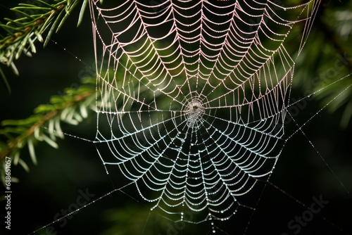 Photo of the intricate, glistening silk thread of a spider's web. Generative AI