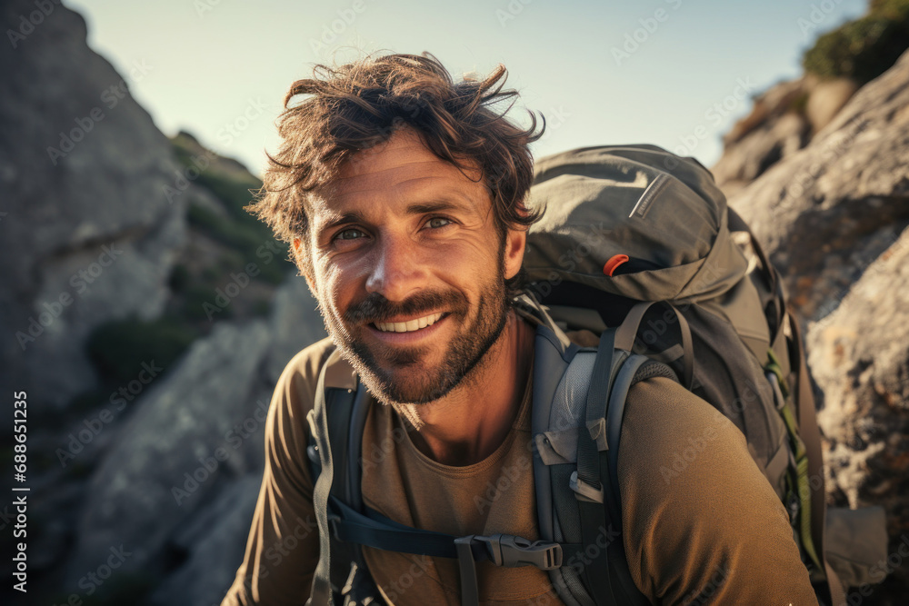 Smiling Adventurer with Backpack Hiking at Sunset
Smiling Adventurer with Backpack Hiking at Sunset