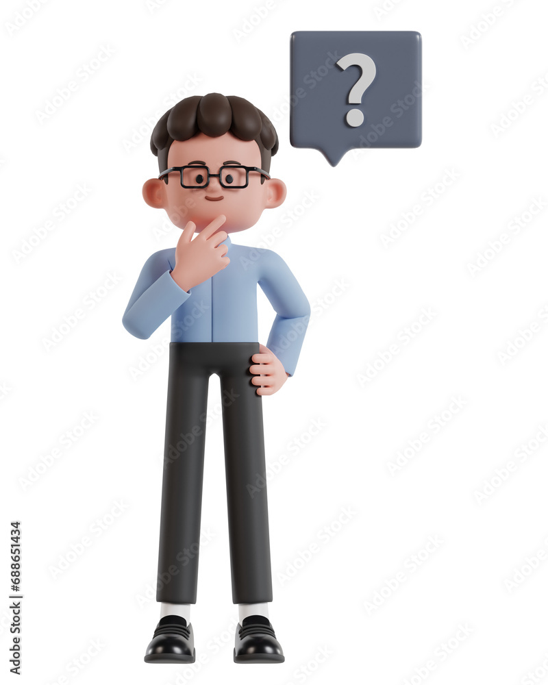 3d Illustration of Cartoon curly haired businessman wearing glasses holding chin while thinking with question mark 3d Illustration of Cartoon curly haired businessman wearing glasses holding chin while thinking with question mark