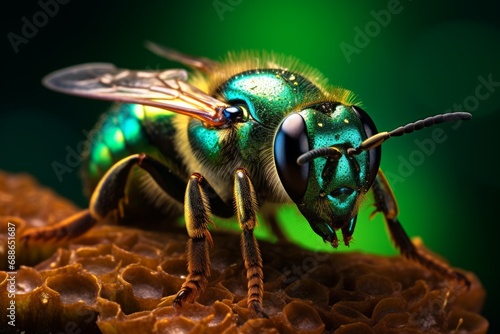 hoto of the metallic shimmer of a metallic green sweat bee. Generative AI photo