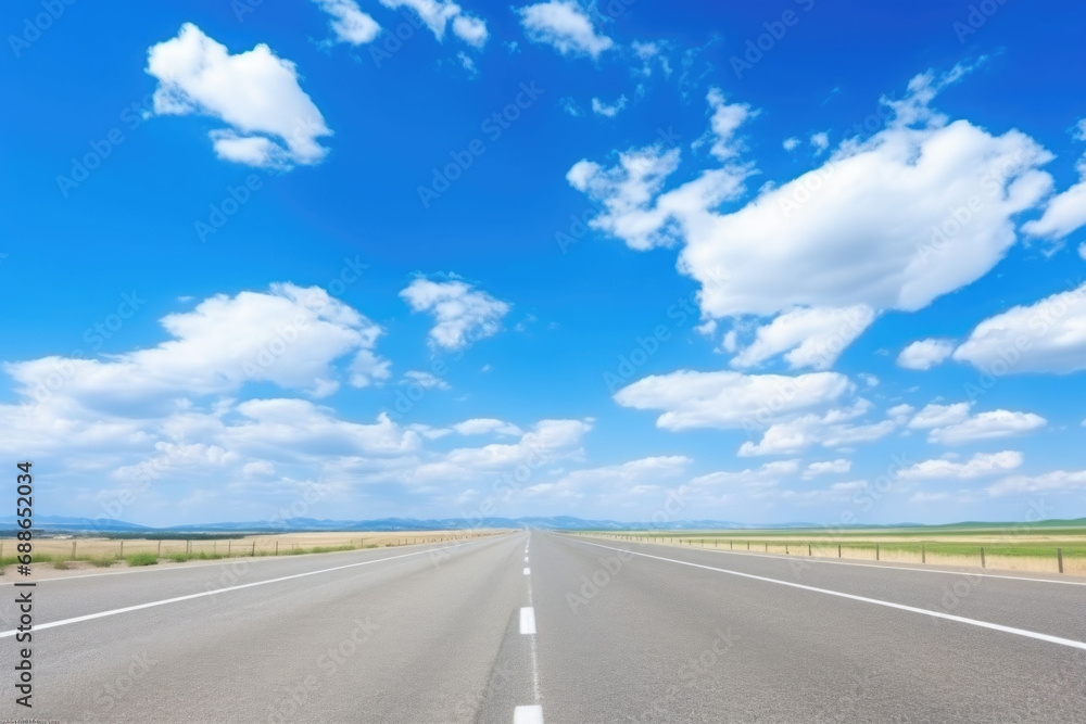Fototapeta premium Highway and a blue sky. Asphalt road and beautiful countryside landscape. AI generated