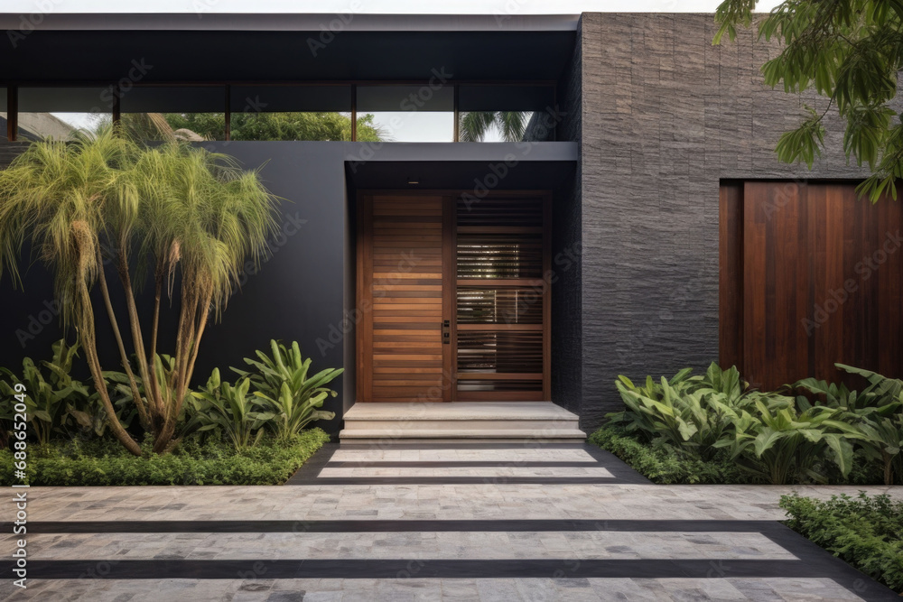 Contemporary exterior of home with dark ceramic tiles as siding of house and tall front door. Generative AI Contemporary exterior of home with dark ceramic tiles as siding of house and tall front door. Generative AI