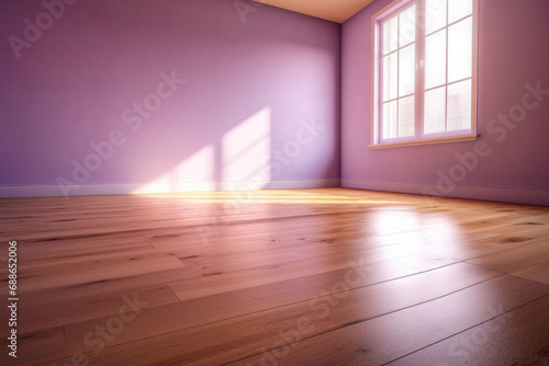 Living room with sunlight shine through a sliding door, wooden floor, violet wall. Generative AI