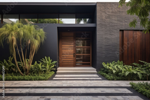 Contemporary exterior of home with dark ceramic tiles as siding of house and tall front door. Generative AI