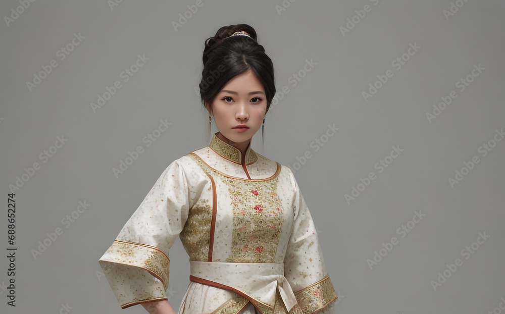 woman in kimono, a traditional dress, model in grey studio background