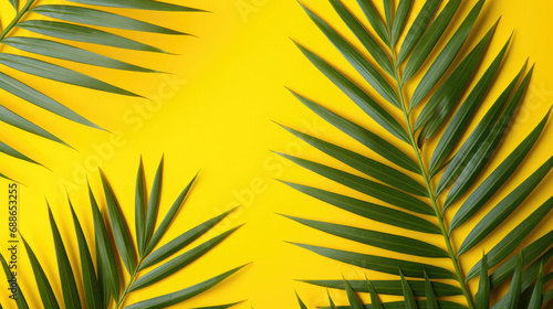 tropical tree leaves on yellow background with copy space for text  top view