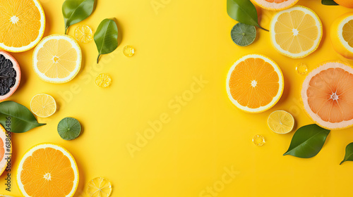  fresh and juicy oranges, lemons, limes, grapefruits, and mint leaves on a yellow background with an empty space , top view , Sunny citrus concept. 