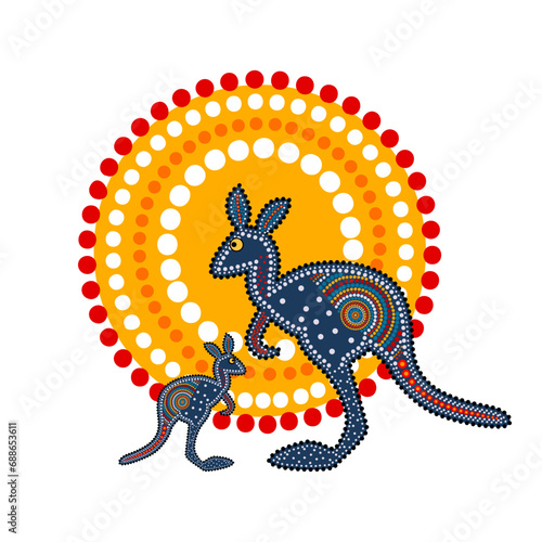 Two kangaroos and sun in decorative ethnic style on white background. Aboriginal tribal styled kangaroo. Australia aboriginal traditional culture art style of dot. Aboriginal tribal art craft. Vector