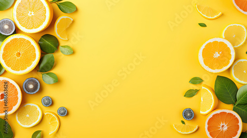  fresh and juicy oranges, lemons, limes, grapefruits, and mint leaves on a yellow background with an empty space , top view ,  Sunny citrus concept. 