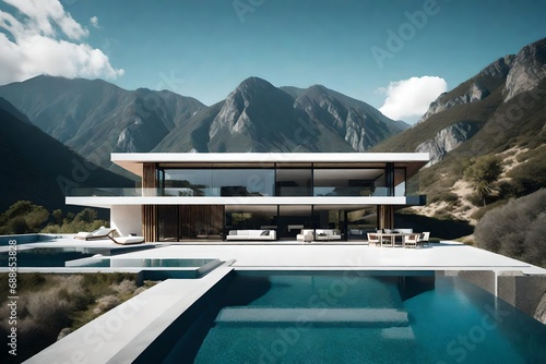 modern exterior of a luxury villa in a minimal style. glass house in the mountains. magnificent mountain views from the veranda of a modern villa luxury- © Mazhar