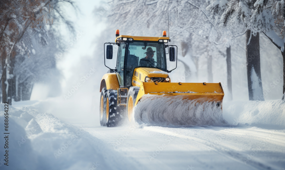 Tractor with a snow plow is plowing snow from a road during hard winter. Tractor with a snow plow is plowing snow from a road during hard winter.
