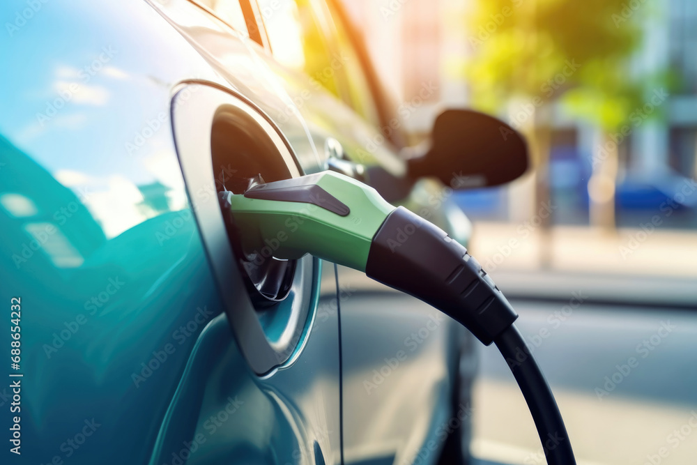 Closeup of a charger plug connected to an electric car