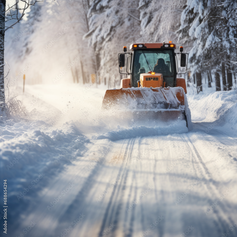 Tractor with a snow plow is plowing snow from a road during hard winter. Tractor with a snow plow is plowing snow from a road during hard winter.