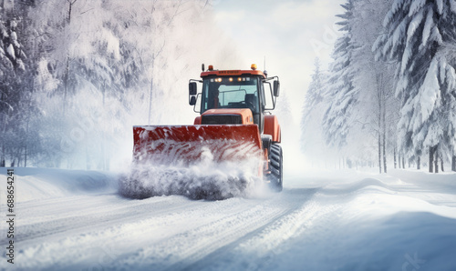 Tractor with a snow plow is plowing snow from a road during hard winter.
