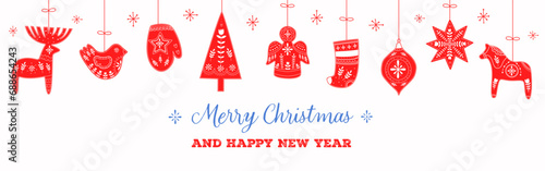Christmas and New Year banner with Christmas with scandinavian toys and congratulations in red and white colors. Vector flat illustration.