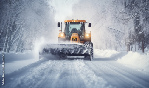 Tractor with a snow plow is plowing snow from a road during hard winter.