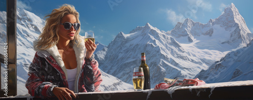 Pretty woman in amazing winter mountains. Apres ski venue photo
