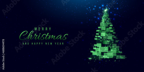 Christmas tree made of geometric shapes, lights and sparkles. Cyber Christmas or Happy New Year concept. Vector tech background.