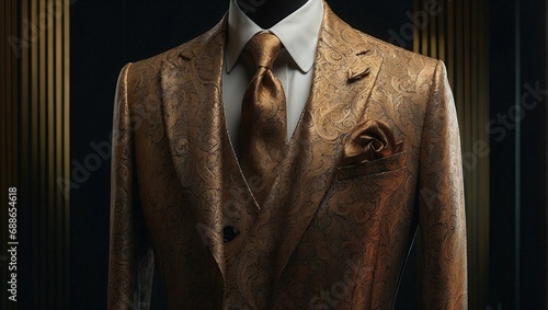 AI generated illustration of a stylish gold suit jacket and coordinating tie on a mannequin photo