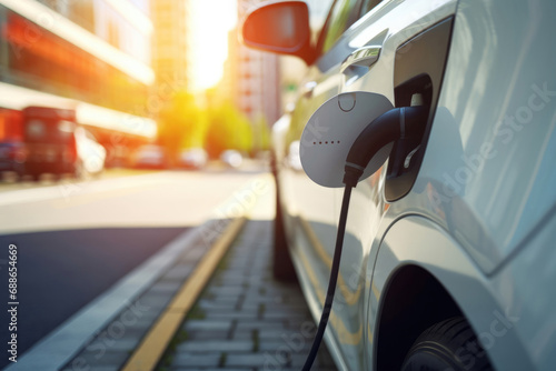 Closeup of a charger plug connected to an electric car