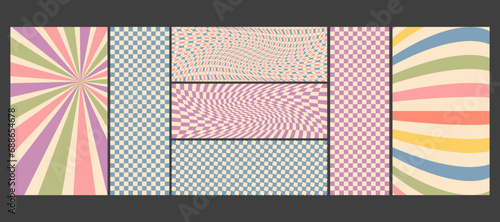 Groovy checkered seamless patterns, vintage aesthetic backgrounds, psychedelic checkerboard texture. Funky hippie fashion textile print, retro background with distorted grid tile vector pattern set