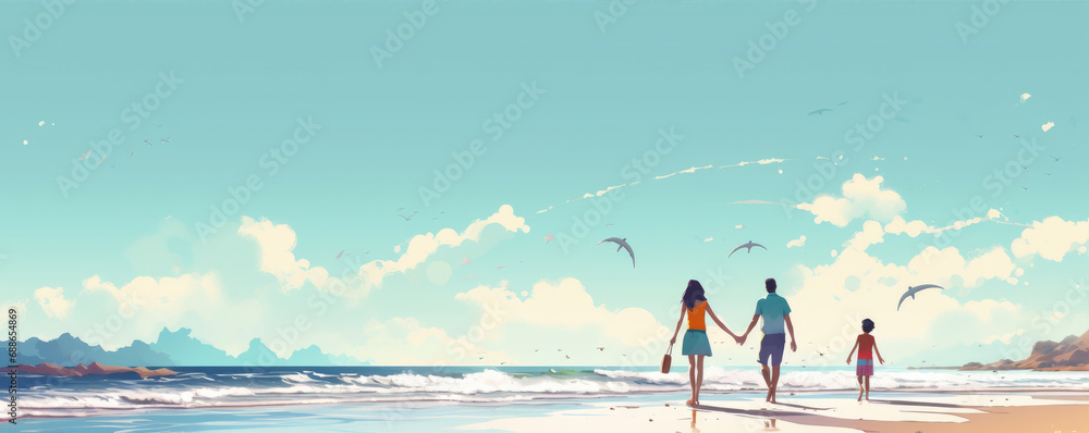 Fototapeta premium Happy young family on the amazing beach during sunny summer holiday day