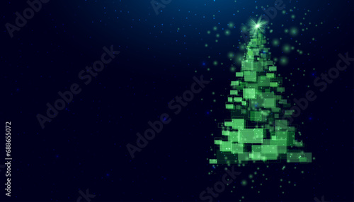 Christmas tree made of geometric shapes, lights and sparkles. Cyber Christmas or Happy New Year concept. Vector tech background.