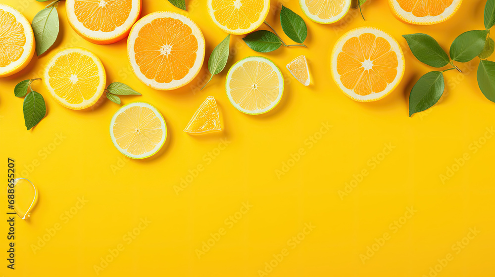 resh citrus fruits - orange, lemon, lime, and mint leaves on a yellow background with a blank space , top view, Summer vibes concept. resh citrus fruits - orange, lemon, lime, and mint leaves on a yellow background with a blank space , top view, Summer vibes concept.