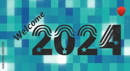 welcome 2024 text on blue green background with red balloon with 3D rendering illustration for anniversary concepts